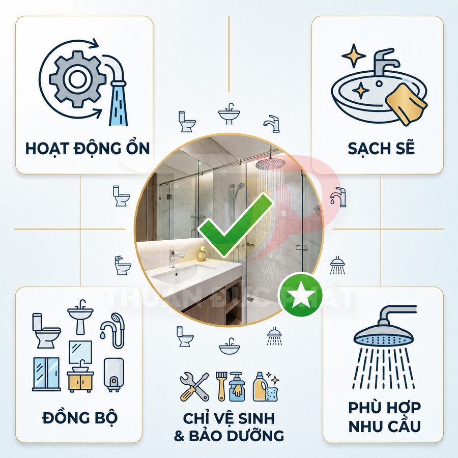 Bộ thiết bị vệ sinh phòng tắm đồng bộ, hoạt động êm, dễ vệ sinh và bảo dưỡng, phù hợp nhiều nhu cầu sử dụng