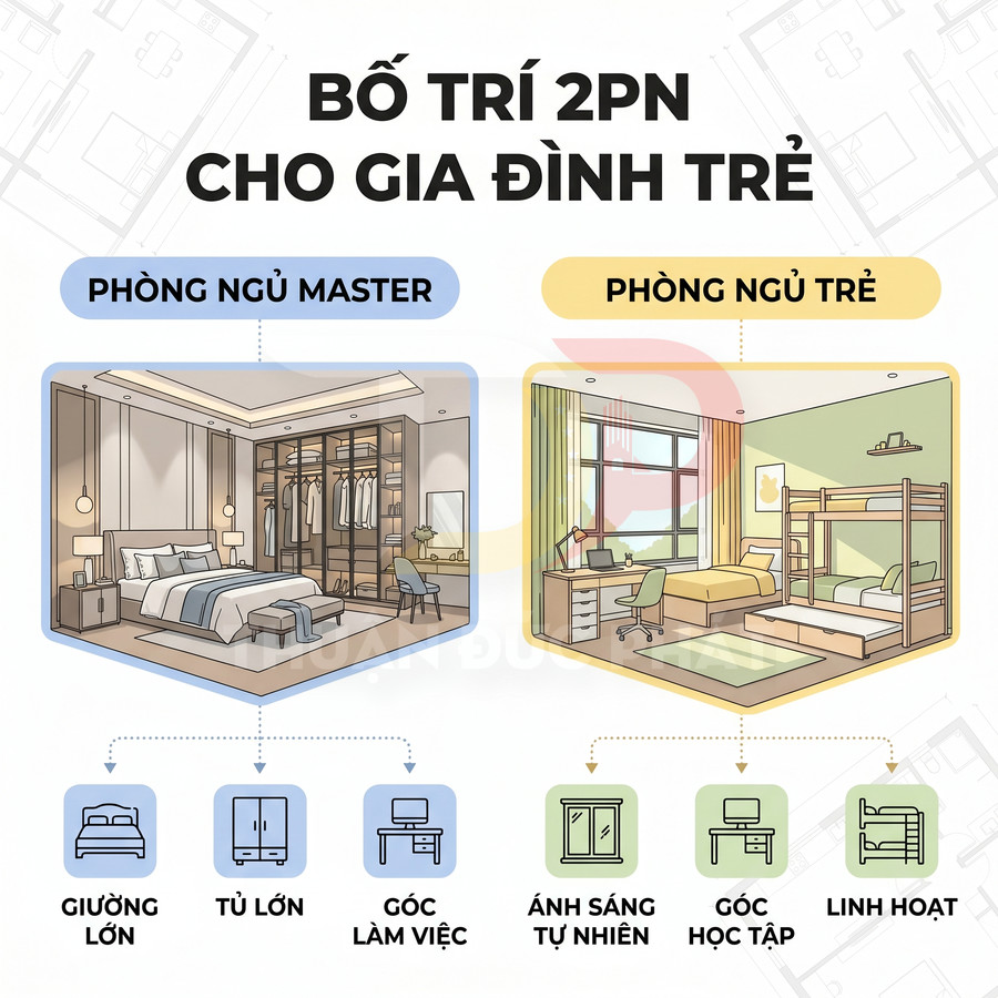 Thiết kế căn hộ 2 phòng ngủ cho gia đình trẻ với phòng ngủ master và phòng ngủ trẻ em có giường tầng, góc học tập