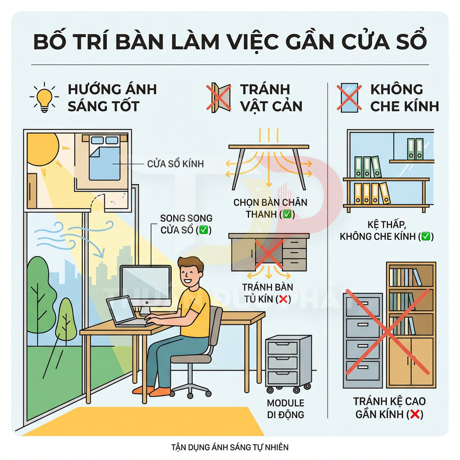 Minh họa cách bố trí bàn làm việc gần cửa sổ với bàn chân thanh, kệ thấp và tận dụng ánh sáng tự nhiên