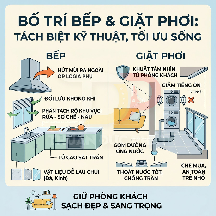 Minh họa bố trí bếp và khu giặt phơi tách biệt, tối ưu hút mùi, thoát nước và giữ phòng khách sạch đẹp
