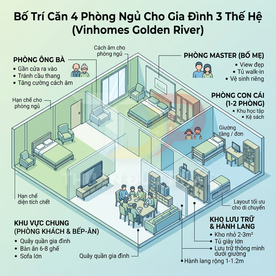 Mặt bằng căn hộ Vinhomes Golden River 4 phòng ngủ cho gia đình 3 thế hệ với phòng khách và bếp liên thông