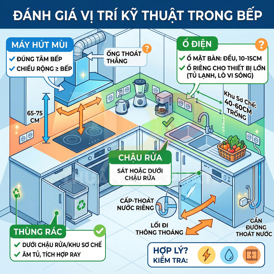 Sơ đồ bố trí bếp hiện đại với bếp từ, máy hút mùi, chậu rửa, máy rửa bát và thùng rác âm tủ