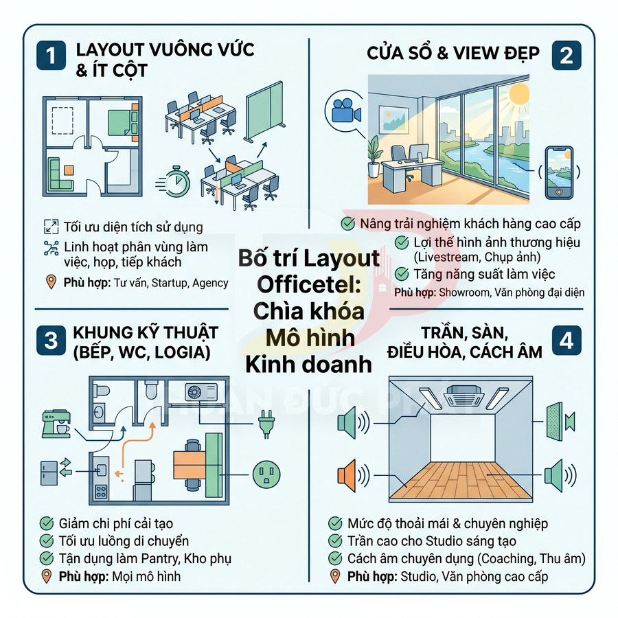 Infographic bố trí layout officetel tối ưu diện tích, cửa sổ view đẹp, khung kỹ thuật và trần sàn cách âm cho kinh doanh