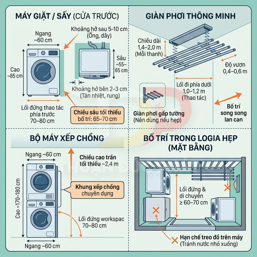 Sơ đồ bố trí máy giặt sấy cửa trước và giàn phơi thông minh trong logia hẹp với kích thước lắp đặt chi tiết