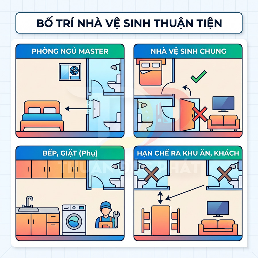 Sơ đồ gợi ý bố trí nhà vệ sinh thuận tiện trong phòng ngủ master, khu bếp, giặt và hạn chế gần phòng khách