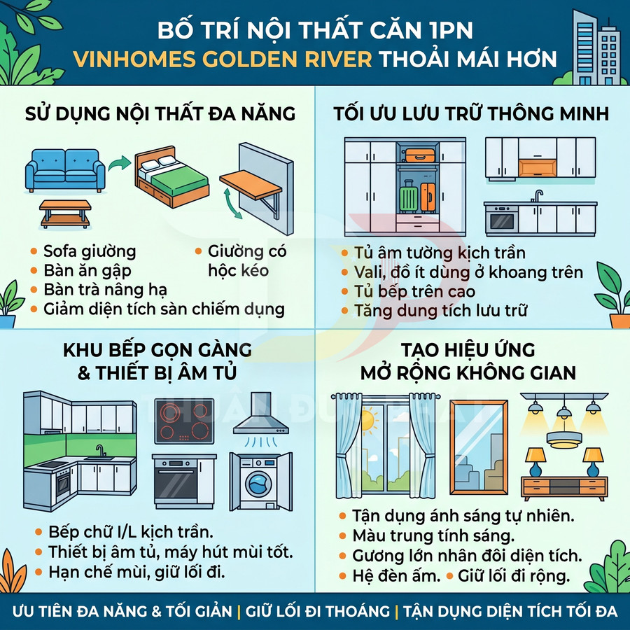 Infographic bố trí nội thất căn hộ 1 phòng ngủ Vinhomes Golden River với nội thất đa năng và tối ưu lưu trữ