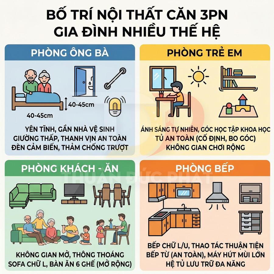 Infographic bố trí nội thất căn hộ 3 phòng ngủ cho gia đình nhiều thế hệ với phòng ông bà, trẻ em, khách và bếp