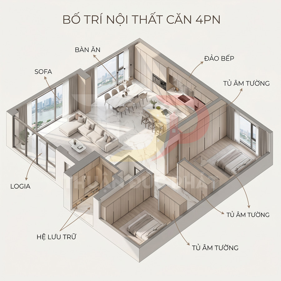 Mặt bằng bố trí nội thất căn hộ 4 phòng ngủ với phòng khách, bếp, bàn ăn, logia và tủ âm tường