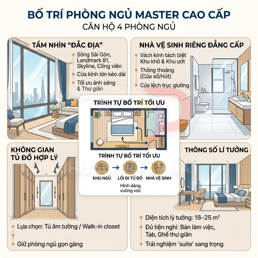 Bố trí phòng ngủ master cao cấp cho căn hộ 4 phòng ngủ với giường lớn, tủ âm tường và cửa kính toàn cảnh