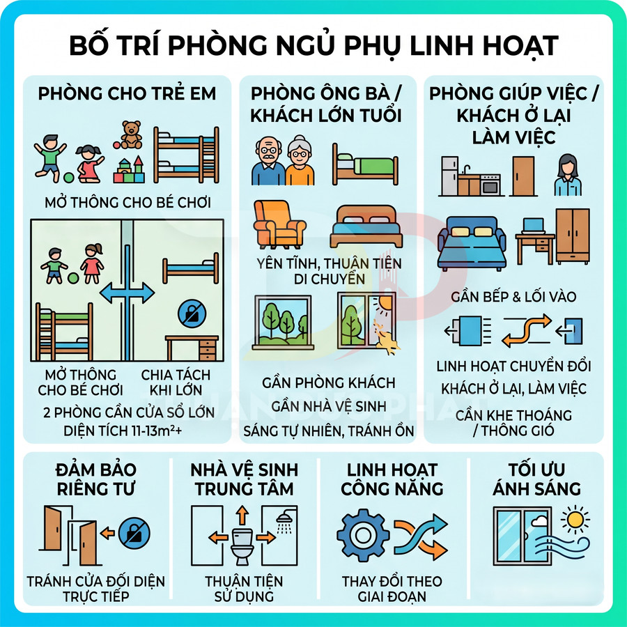 Infographic bố trí phòng ngủ phụ linh hoạt cho trẻ em, ông bà, khách và người giúp việc trong nhà ở hiện đại