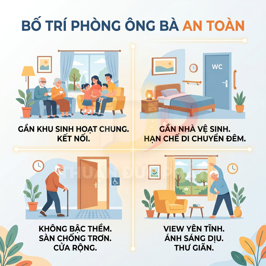 Hướng dẫn bố trí phòng ông bà an toàn với khu sinh hoạt chung, gần nhà vệ sinh, sàn chống trơn và không gian yên tĩnh