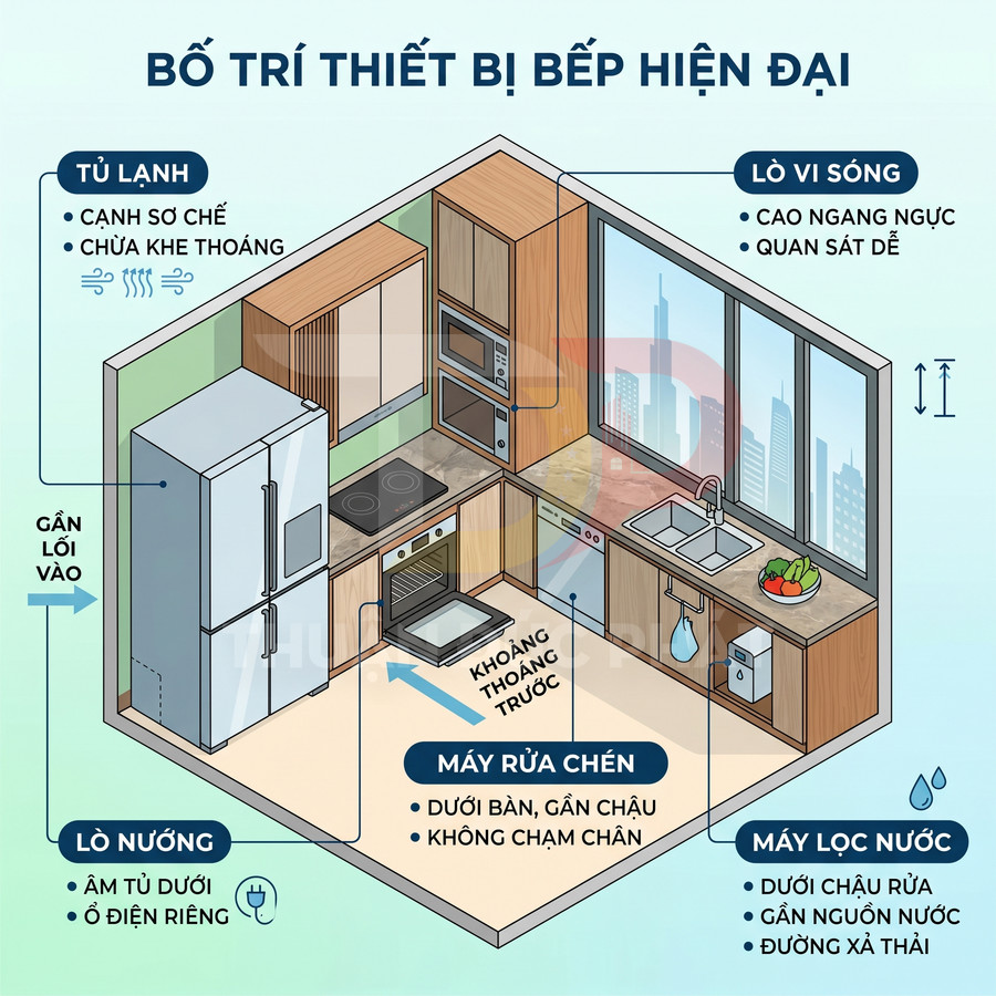 Bố trí thiết bị bếp hiện đại với tủ lạnh, lò nướng, lò vi sóng, máy rửa chén và máy lọc nước dưới chậu rửa