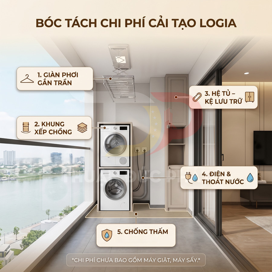 Khu logia chung cư với máy giặt máy sấy xếp chồng, giàn phơi gắn trần và hệ tủ kệ lưu trữ hiện đại
