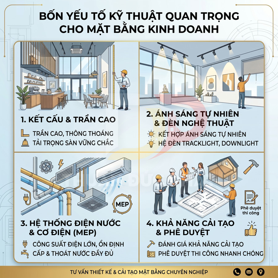 Infographic bốn yếu tố kỹ thuật quan trọng khi thiết kế cải tạo mặt bằng kinh doanh chuyên nghiệp
