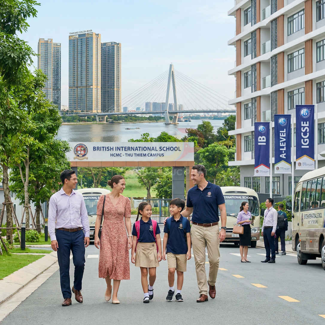 Phụ huynh và học sinh đi bộ trước cổng trường British International School cơ sở Thủ Thiêm