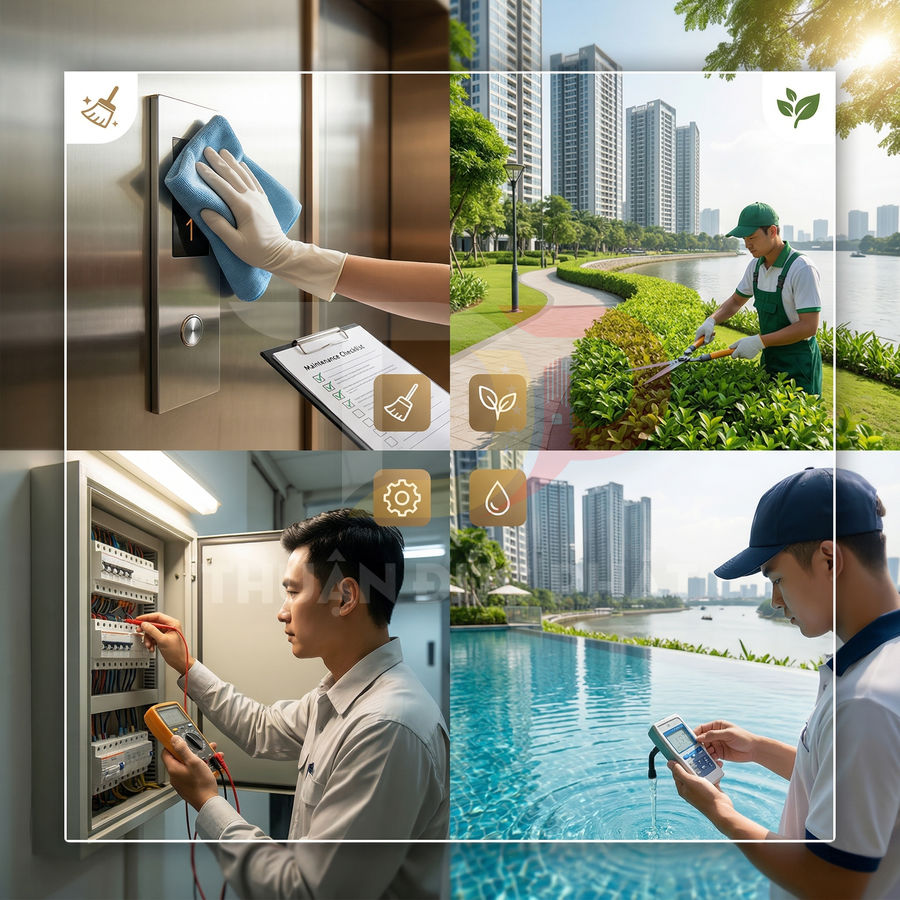 Dịch vụ quản lý tòa nhà với vệ sinh thang máy, chăm sóc cảnh quan, bảo trì điện và kiểm tra chất lượng hồ bơi