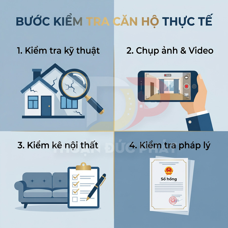 Các bước kiểm tra căn hộ thực tế gồm kỹ thuật, chụp ảnh video, kiểm kê nội thất và kiểm tra pháp lý