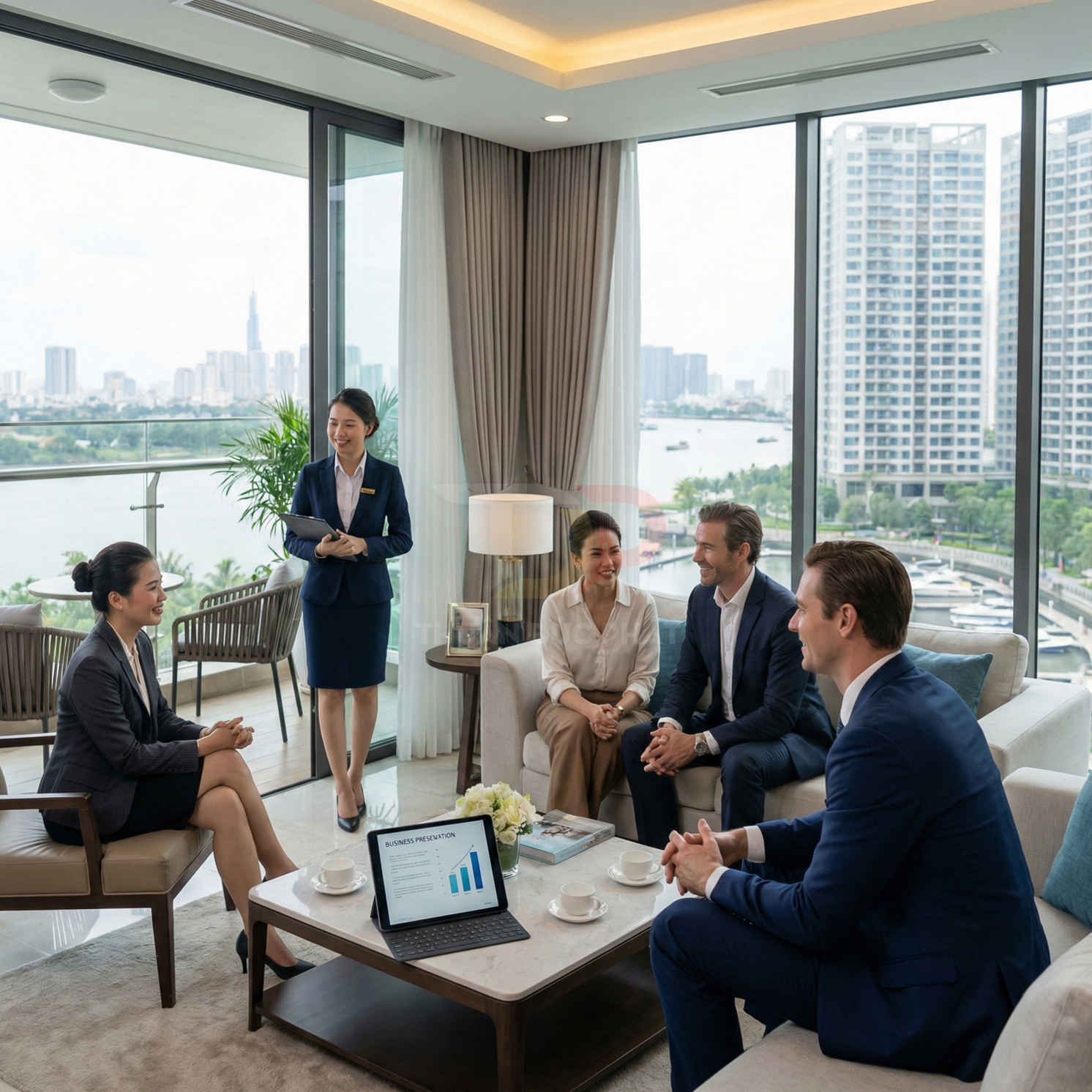 Nhân viên tư vấn bất động sản giới thiệu căn hộ cao cấp view sông cho khách hàng trong phòng khách sang trọng
