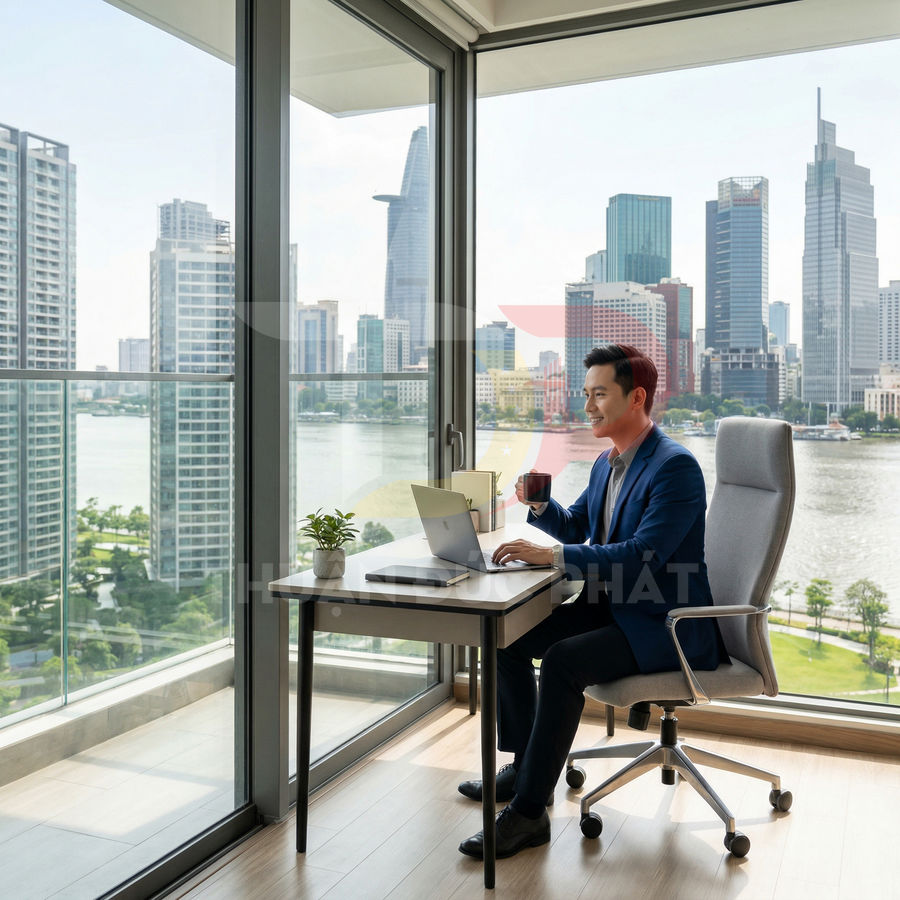 Ghế xoay văn phòng lưng cao màu xám cho người làm việc tại nhà cạnh bàn làm việc và laptop