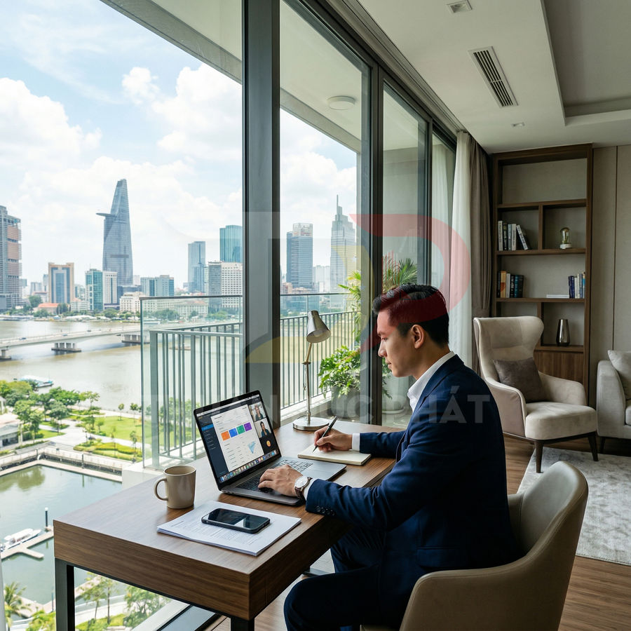 Doanh nhân làm việc trên laptop trong căn hộ cao cấp view sông và skyline thành phố