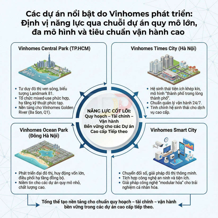 Infographic giới thiệu các dự án bất động sản Vinhomes Central Park, Times City, Ocean Park và Smart City