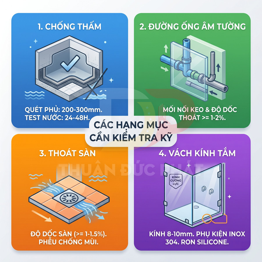 Infographic các hạng mục cần kiểm tra khi thi công nhà tắm gồm chống thấm, đường ống, thoát sàn và vách kính tắm