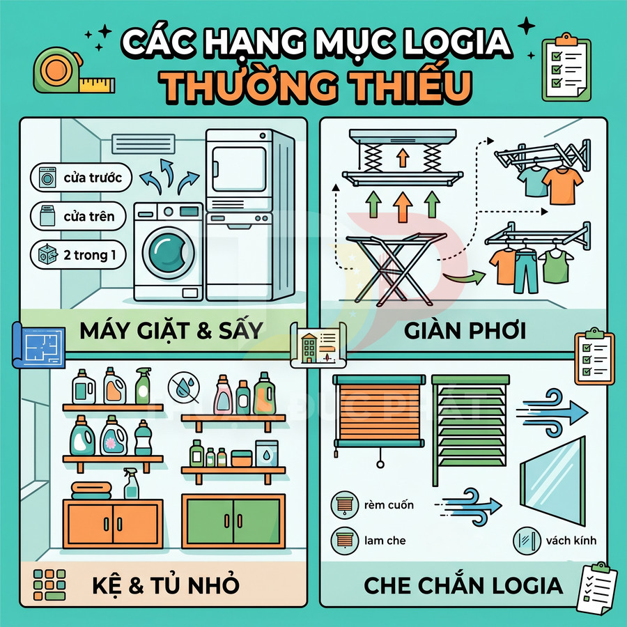 Minh họa các hạng mục logia thường thiếu gồm máy giặt sấy, giàn phơi, kệ tủ nhỏ và rèm che chắn logia