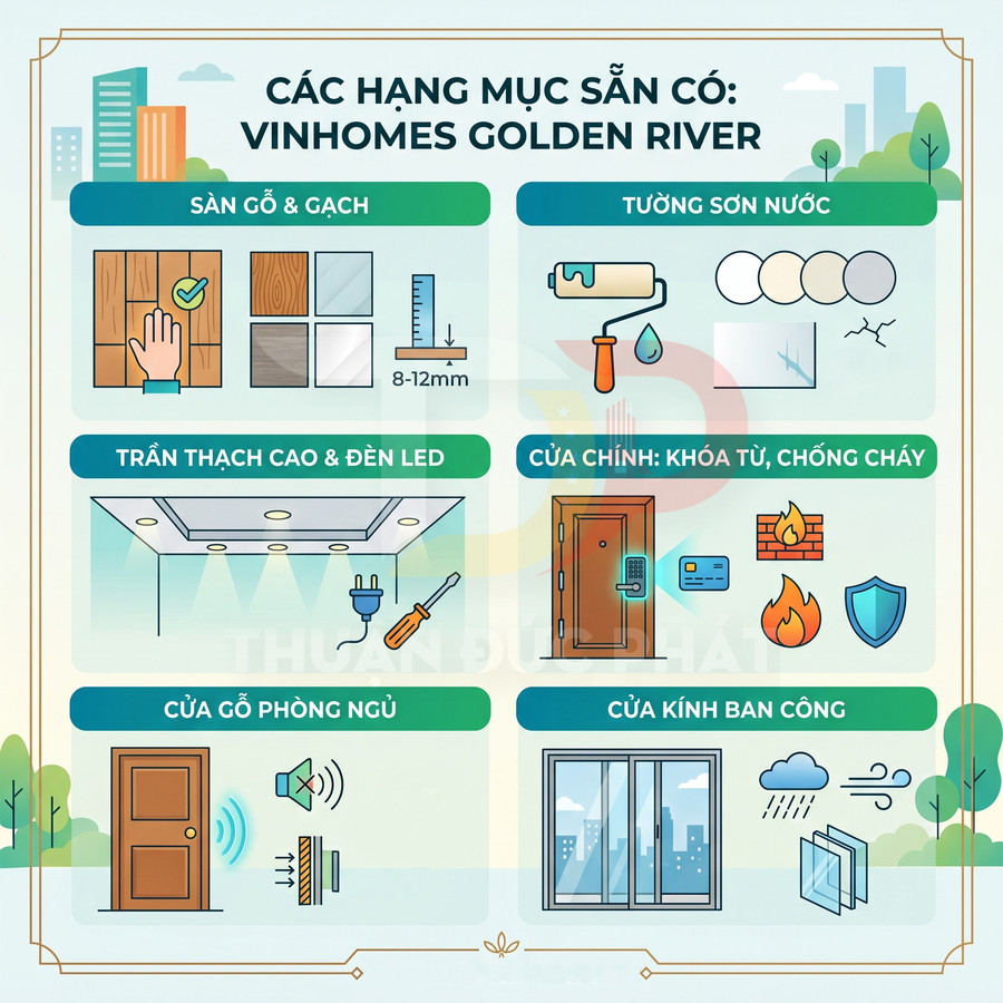 Các hạng mục bàn giao căn hộ Vinhomes Golden River gồm sàn gỗ, trần thạch cao, cửa gỗ và cửa kính ban công
