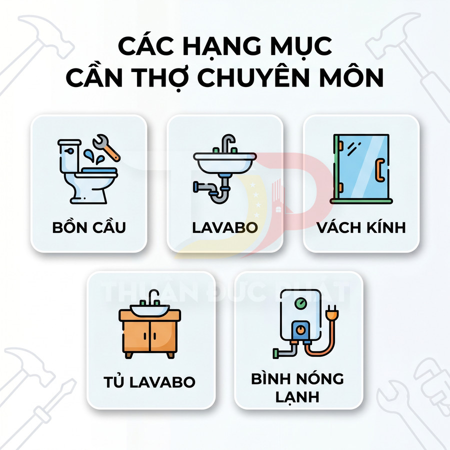 Các hạng mục sửa chữa thiết bị vệ sinh gồm bồn cầu lavabo vách kính tủ lavabo bình nóng lạnh