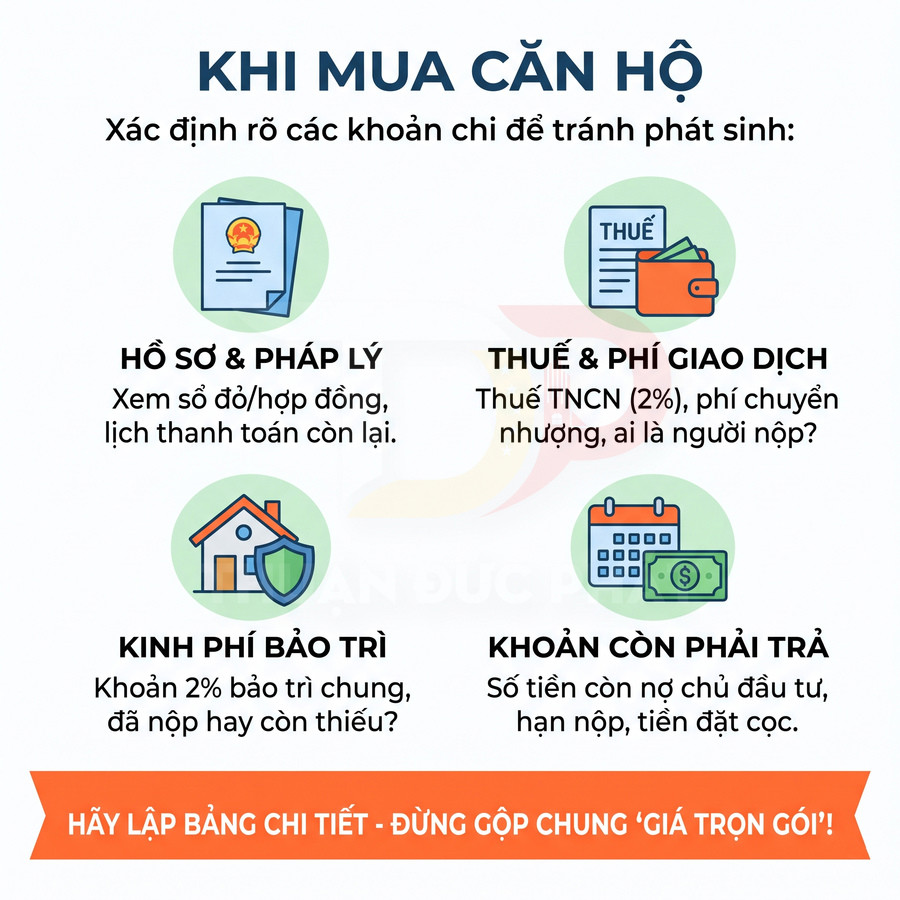 Các khoản cần kiểm tra khi mua căn hộ gồm hồ sơ pháp lý, thuế phí giao dịch, kinh phí bảo trì và khoản còn phải trả