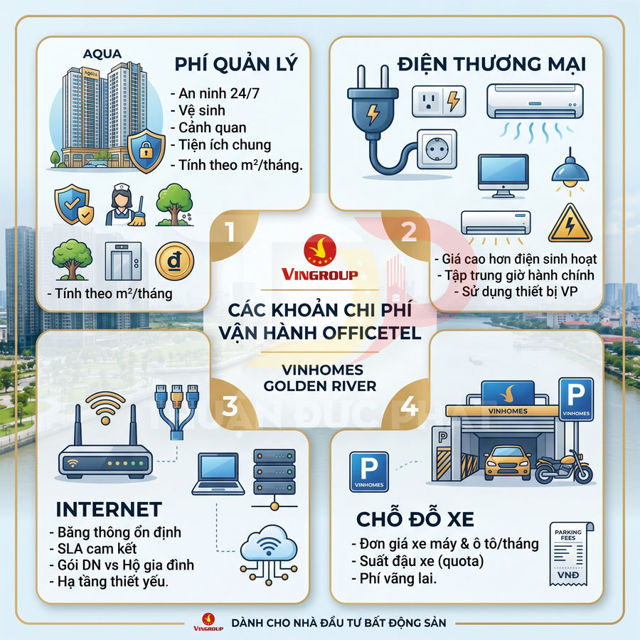 Infographic chi phí vận hành officetel Vinhomes Golden River gồm phí quản lý, điện thương mại, internet và chỗ đỗ xe