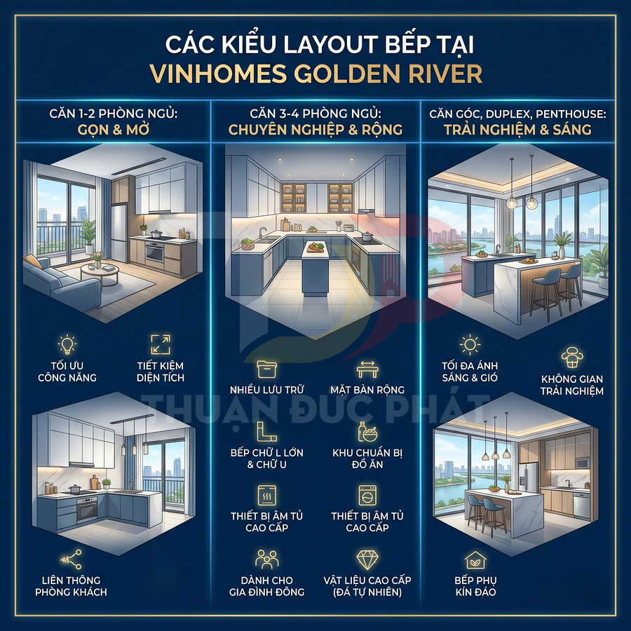 Các kiểu layout bếp hiện đại tại căn hộ Vinhomes Golden River với thiết kế mở, đảo bếp và nội thất cao cấp