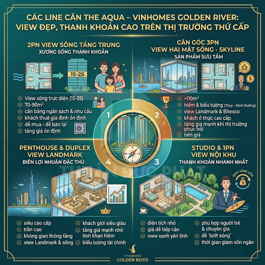 Infographic giới thiệu các loại căn hộ The Aqua Vinhomes Golden River với view sông, skyline và nội khu cao cấp