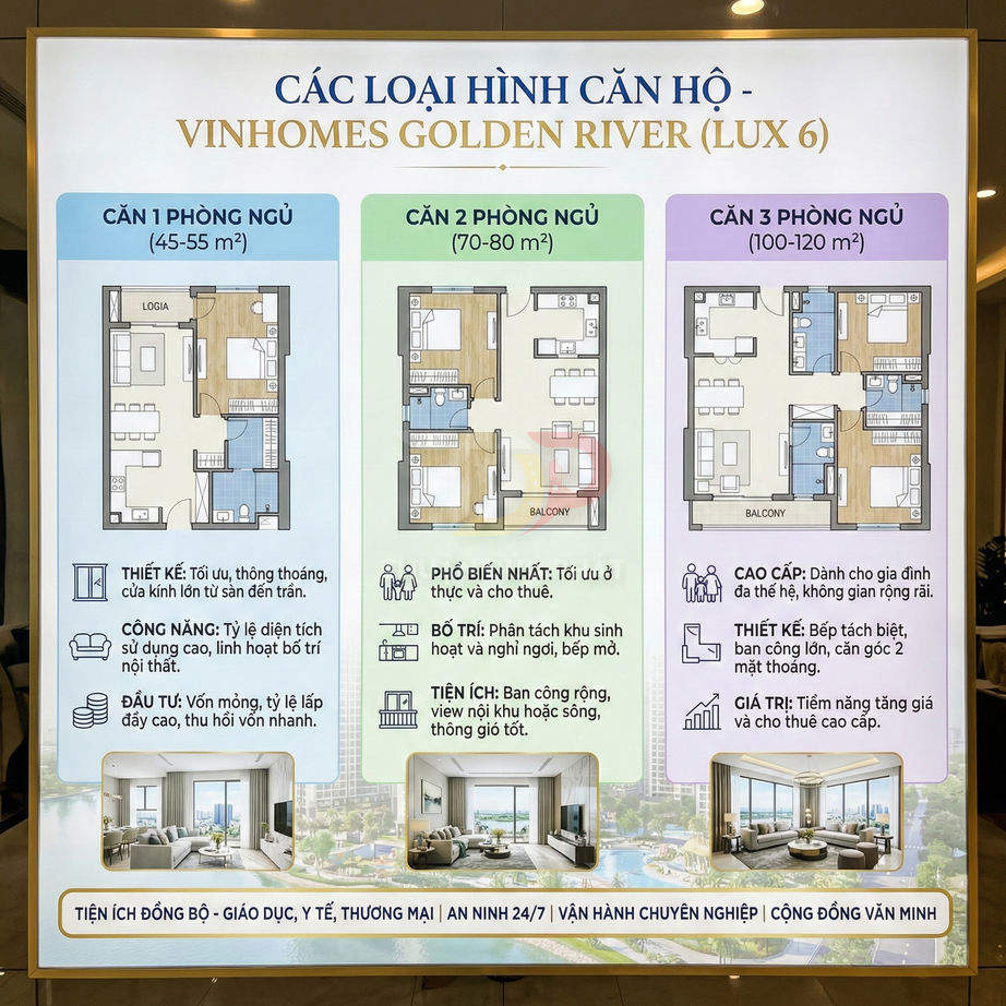 Bảng giới thiệu các loại căn hộ 1 2 3 phòng ngủ dự án Vinhomes Golden River Lux 6