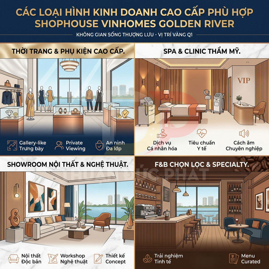 Mô hình kinh doanh cao cấp tại shophouse Vinhomes Golden River gồm thời trang, spa, showroom nội thất và quán cà phê.