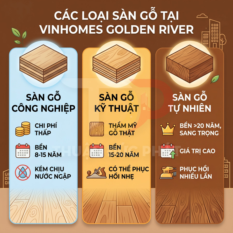 So sánh ưu nhược điểm sàn gỗ công nghiệp, sàn gỗ kỹ thuật và sàn gỗ tự nhiên tại Vinhomes Golden River
