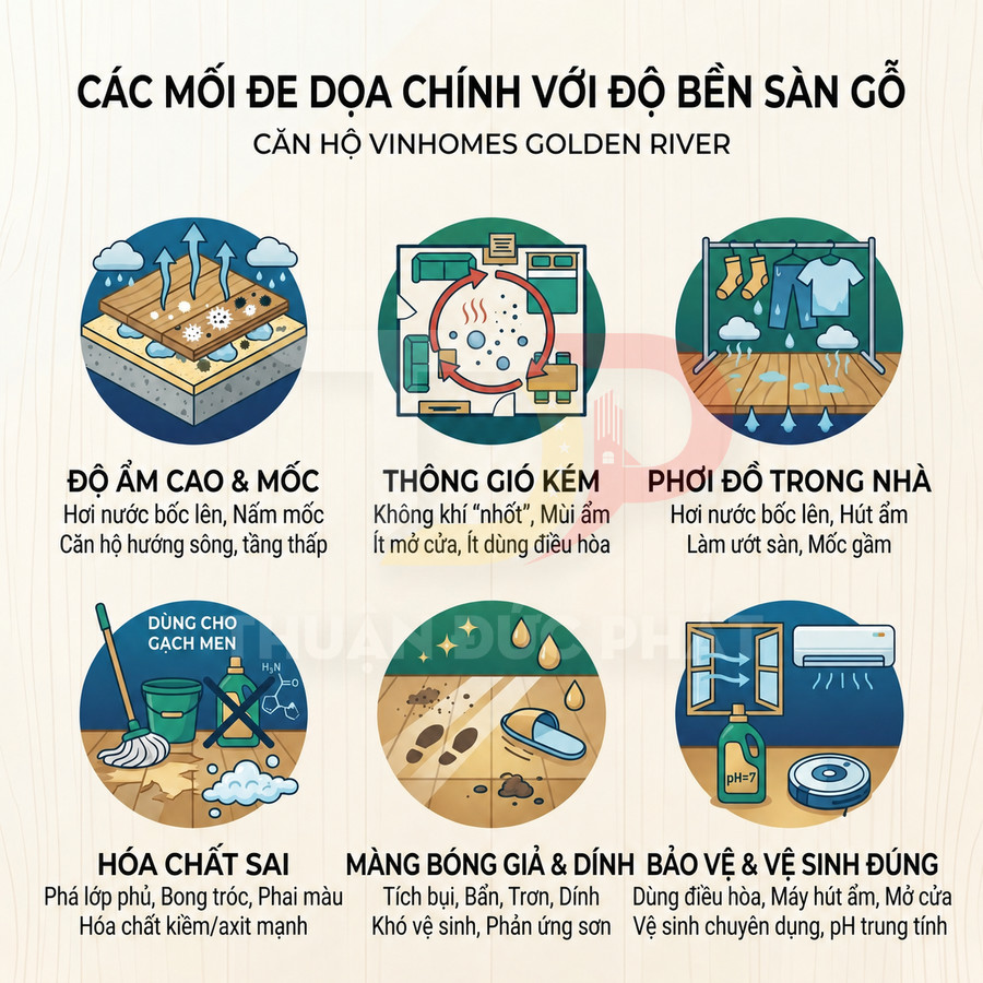 Infographic các mối đe dọa ảnh hưởng độ bền sàn gỗ căn hộ Vinhomes Golden River