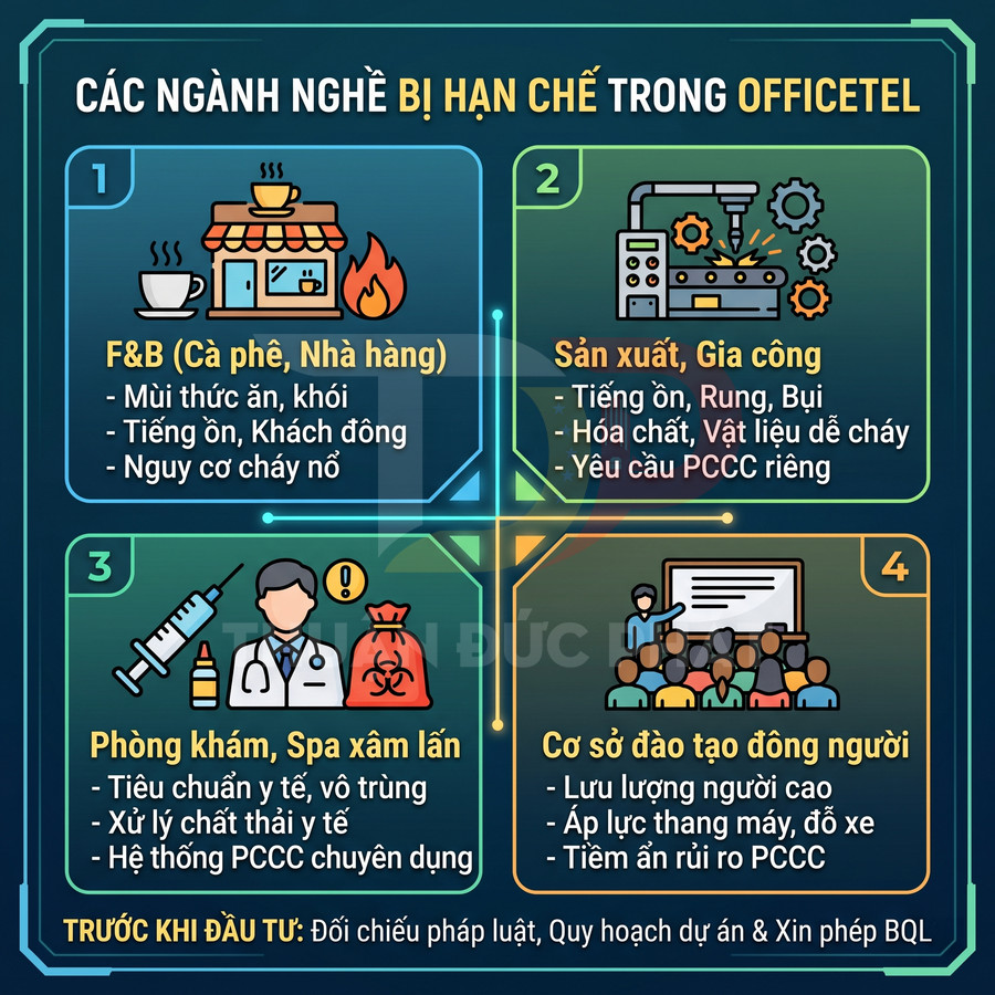 Infographic các ngành nghề bị hạn chế trong officetel như F&B, sản xuất gia công, phòng khám spa xâm lấn, cơ sở đào tạo đông người