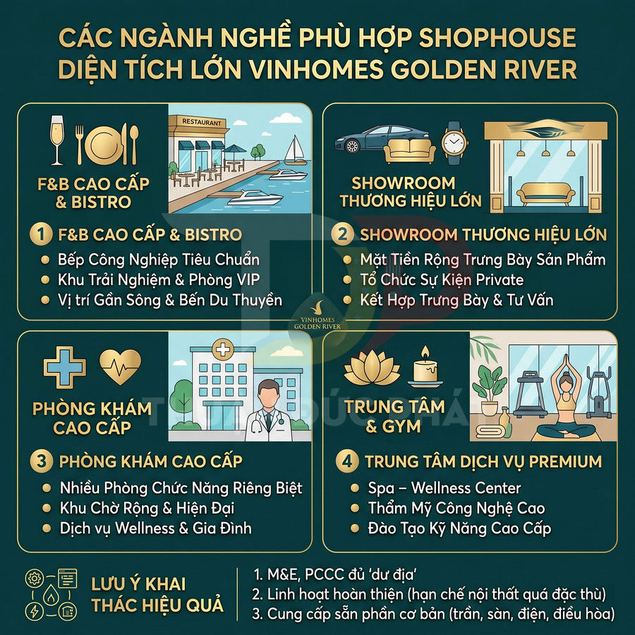 Infographic các ngành nghề phù hợp shophouse diện tích lớn tại Vinhomes Golden River
