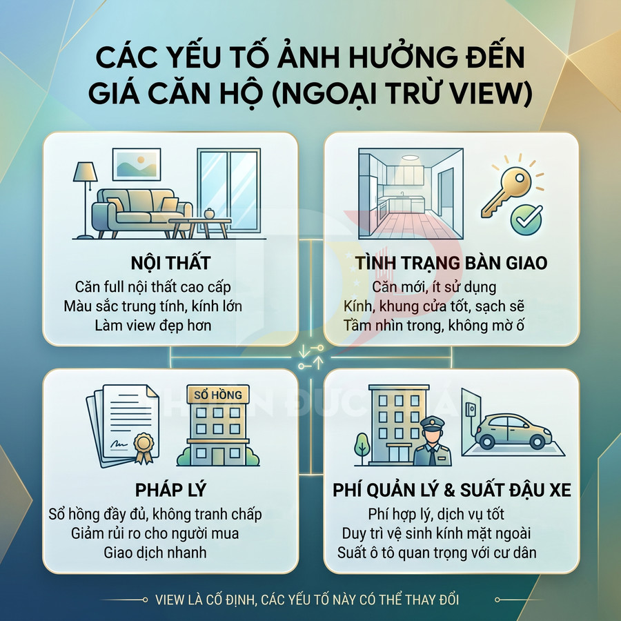 Các yếu tố ảnh hưởng đến giá căn hộ gồm nội thất, tình trạng bàn giao, pháp lý, phí quản lý và suất đậu xe