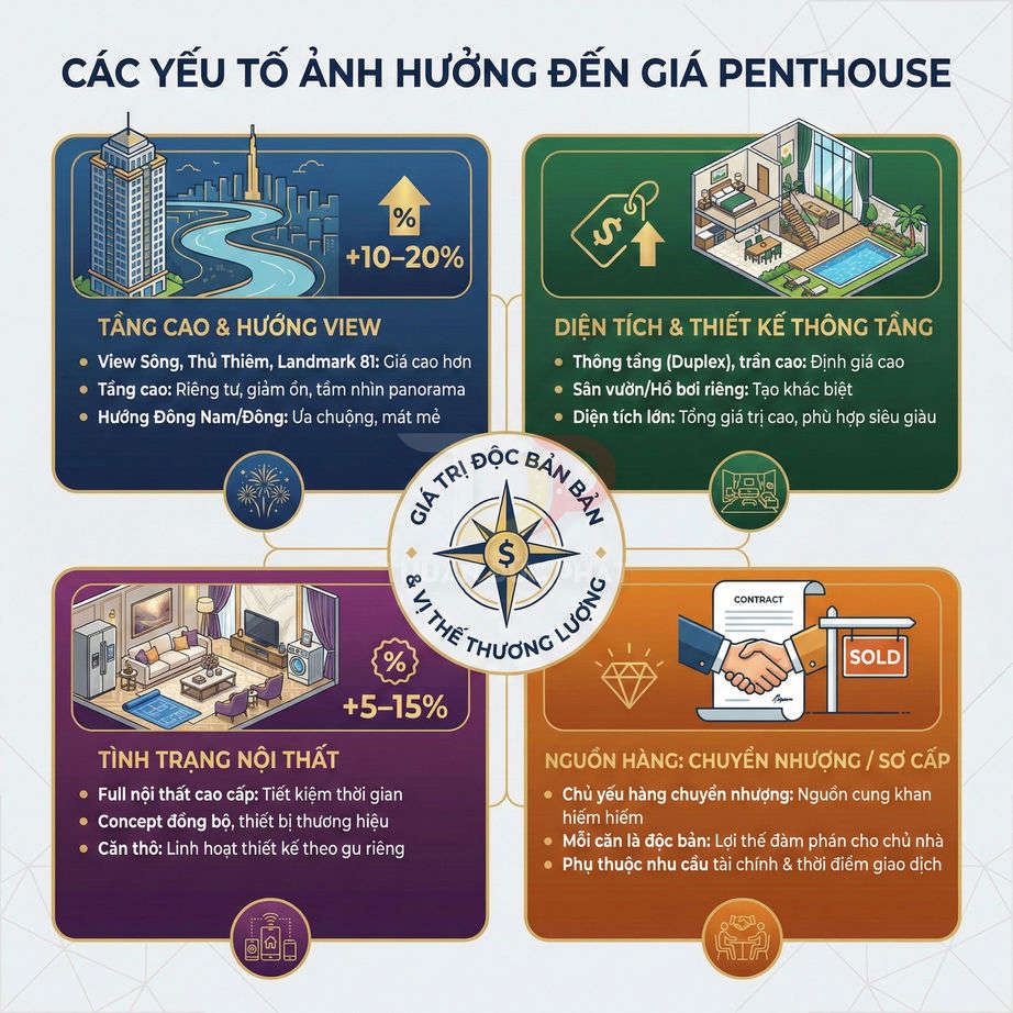 Infographic các yếu tố ảnh hưởng đến giá penthouse như vị trí, diện tích, nội thất và nguồn hàng