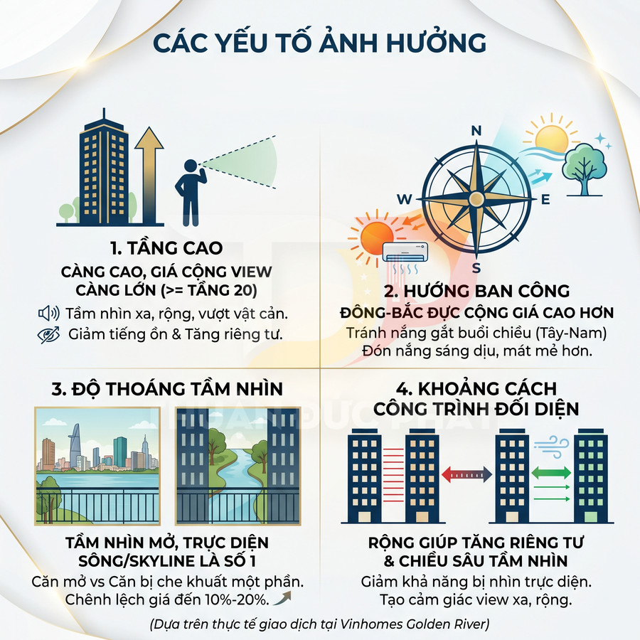 Infographic các yếu tố ảnh hưởng giá căn hộ: tầng cao, hướng ban công, độ thoáng tầm nhìn, khoảng cách công trình đối diện