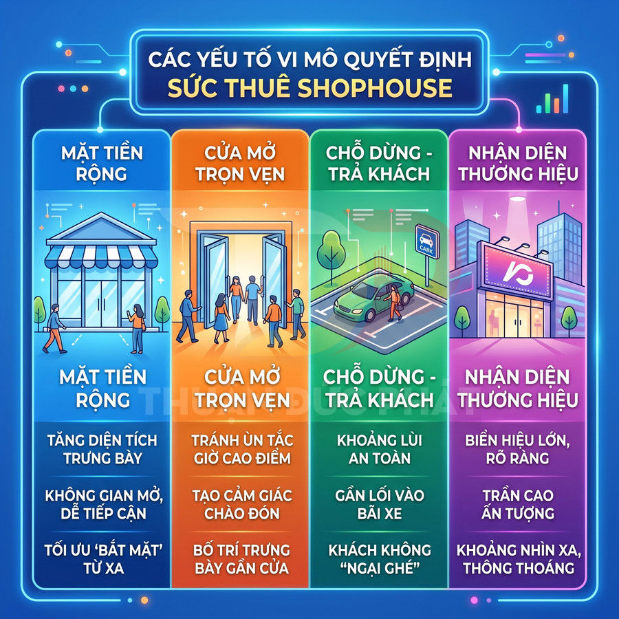 Infographic các yếu tố vi mô quyết định sức thuê shophouse như mặt tiền rộng, cửa mở trọn vẹn, chỗ dừng trả khách, nhận diện thương hiệu