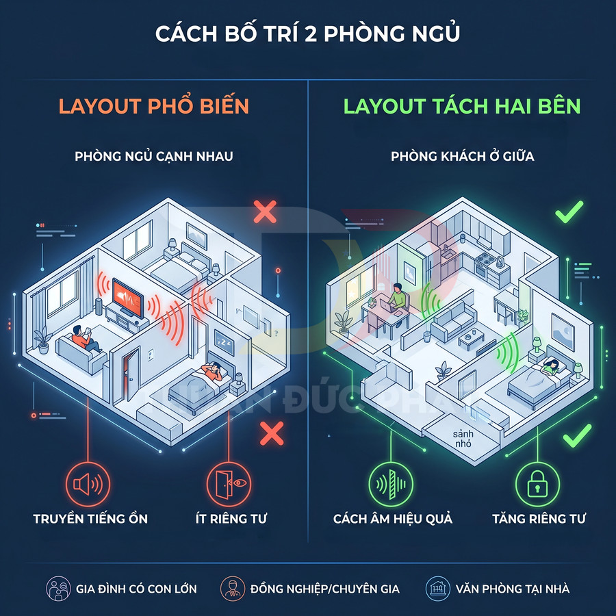 So sánh hai cách bố trí 2 phòng ngủ, minh họa layout phổ biến và layout tách hai bên với phòng khách ở giữa
