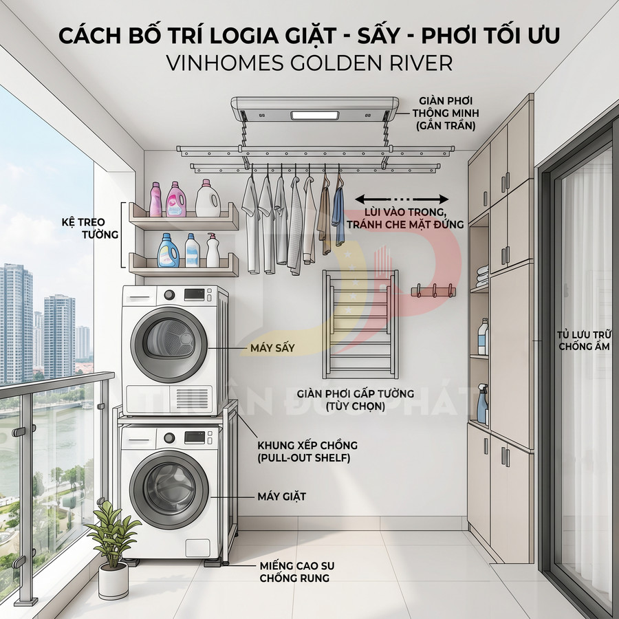 Logia chung cư bố trí máy giặt, máy sấy, giàn phơi thông minh và tủ lưu trữ đồ giặt sấy tối ưu không gian