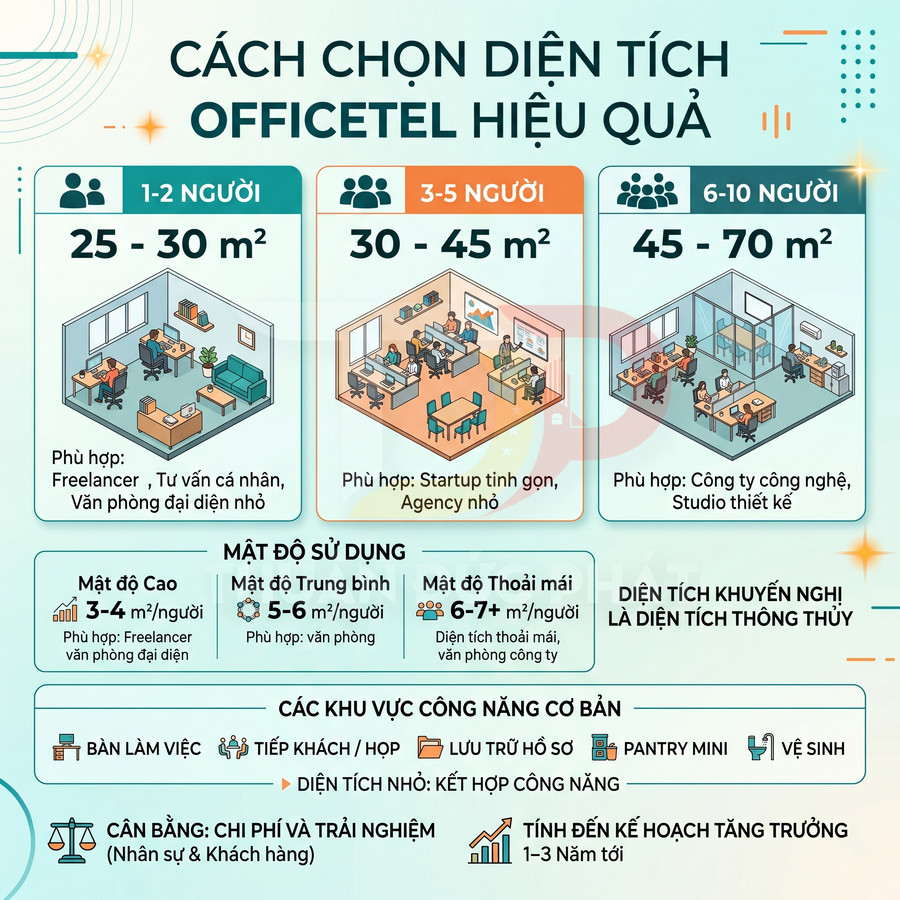 Hướng dẫn chọn diện tích officetel hiệu quả cho 1 đến 10 người với gợi ý m2 và cách bố trí văn phòng