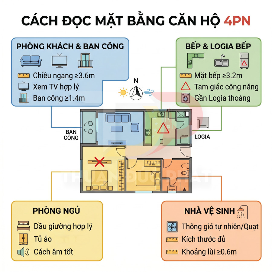 Sơ đồ hướng dẫn đọc mặt bằng căn hộ 4 phòng ngủ với bố trí phòng khách, bếp, phòng ngủ và nhà vệ sinh
