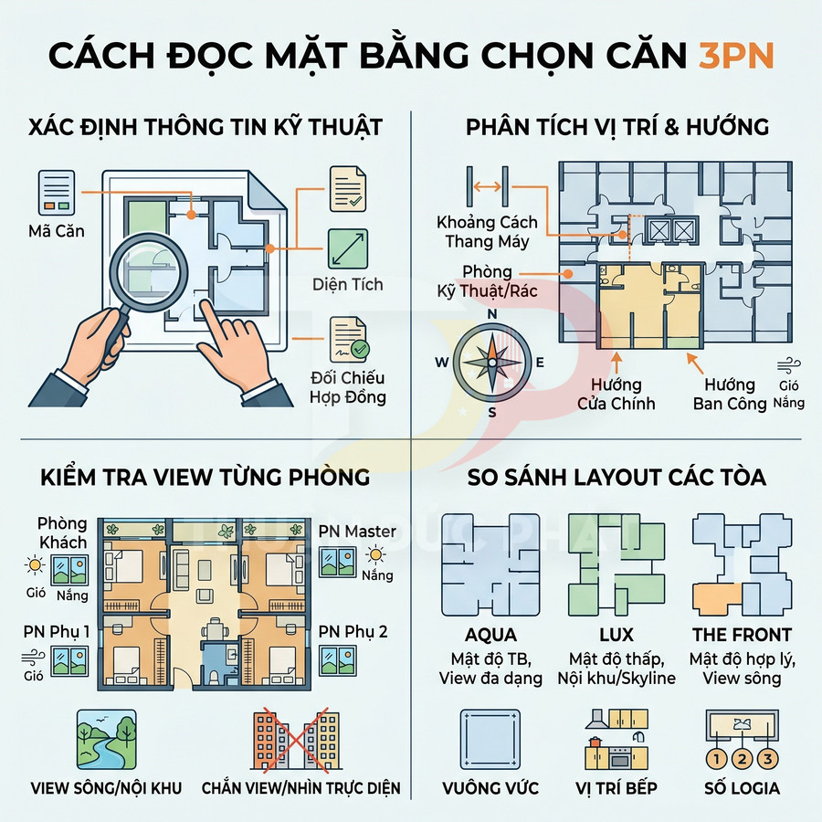 Hướng dẫn đọc mặt bằng chọn căn hộ 3 phòng ngủ với phân tích kỹ thuật, vị trí, view và so sánh layout các tòa