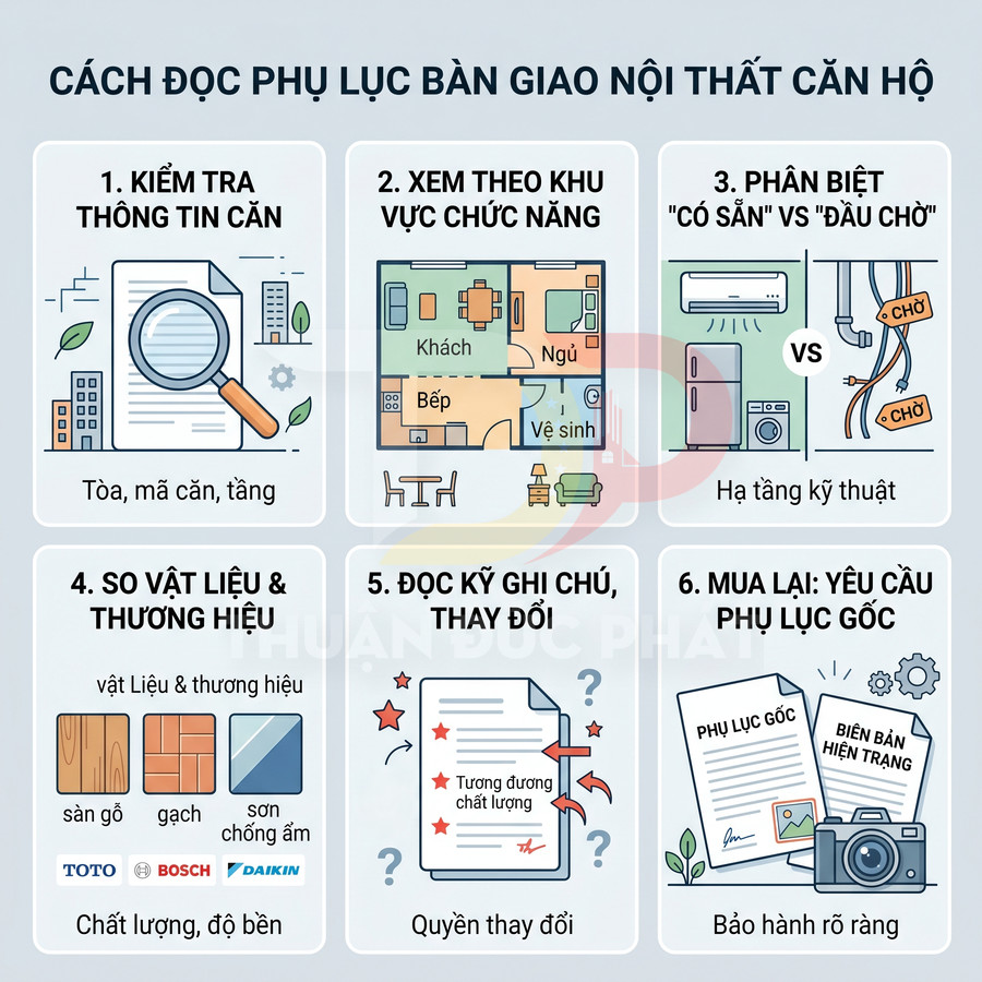 Hướng dẫn đọc phụ lục bàn giao nội thất căn hộ với sơ đồ phòng, vật liệu, thương hiệu và giấy tờ kiểm tra