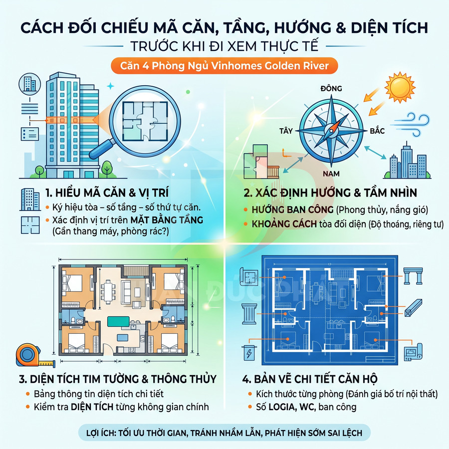 Infographic hướng dẫn đối chiếu mã căn, tầng, hướng và diện tích căn hộ 4 phòng ngủ Vinhomes Golden River